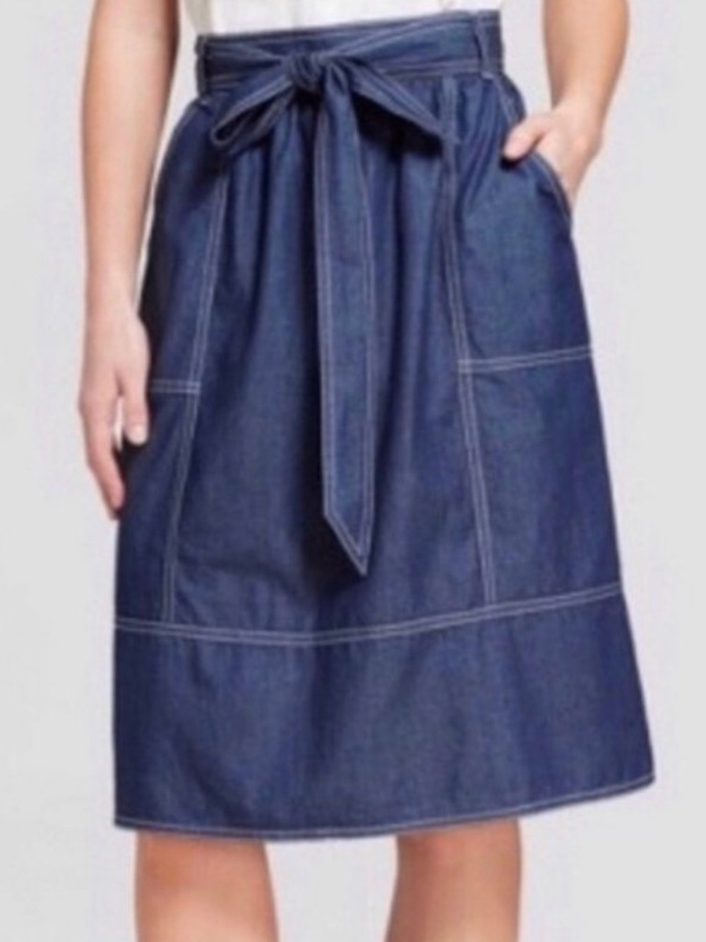 Universal Thread Dark Blue Wash Denim A-Line Tie-Waist Midi Skirt
